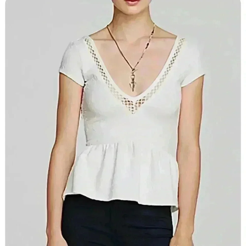 FREE PEOPLE Ivory Ecru Cutout Peplum V Neck Jacquard Top - Picture 3 of 5